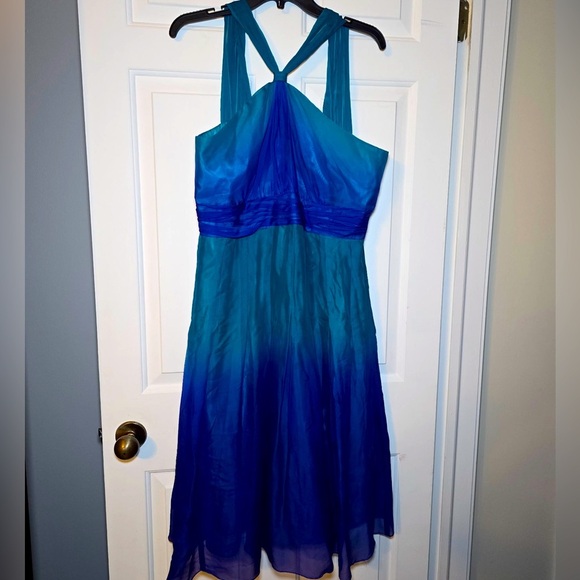 Jones New York Blue Teal Ombré Halter Flowy 100% Dilk Dress Size 14 Stunning EUC - Picture 1 of 7